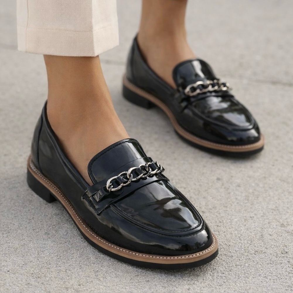 Alex Marie Glossy Black Loafers with Chain Detail